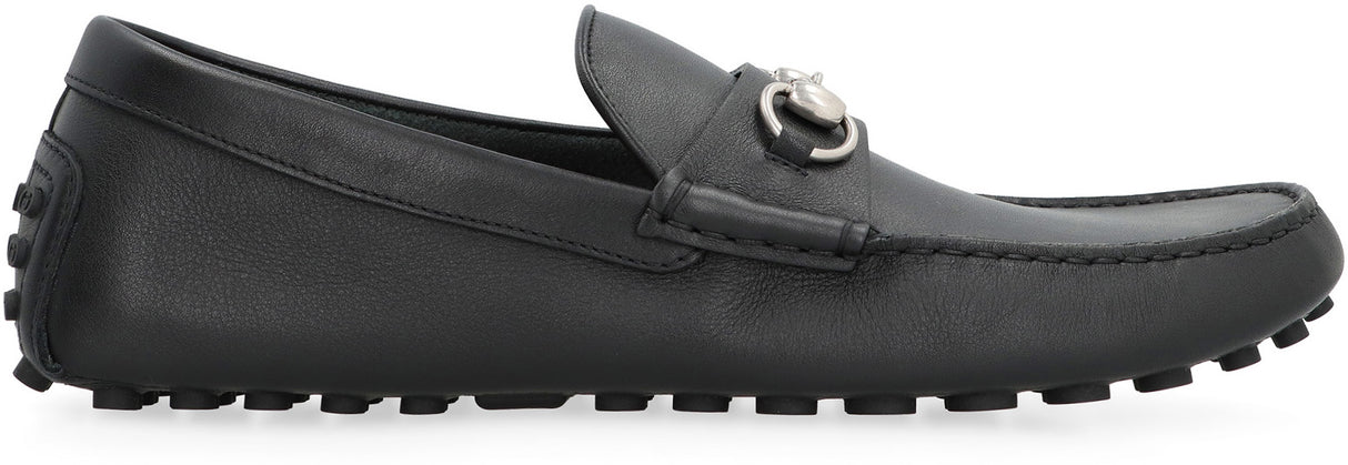 GUCCI Men's Black Leather Loafers with Metal Horsebit Detail