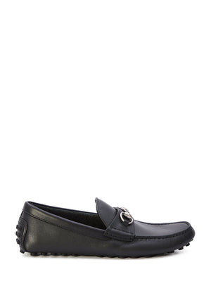GUCCI Men's Black Leather Loafers with Metal Horsebit Detail