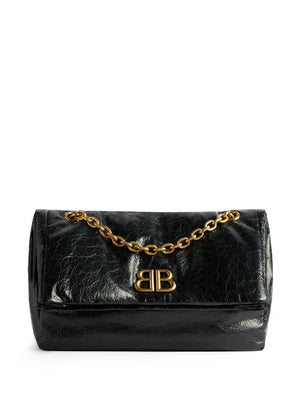 BALENCIAGA Mini Monaco Black Calfskin Shoulder Bag with Antique-Gold Accents, 11x7x4 inches