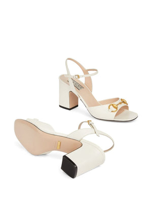 GUCCI White Leather Horsebit Heel Sandals - Open Toe Ankle Strap Mid Block Heels for Women (SS24)