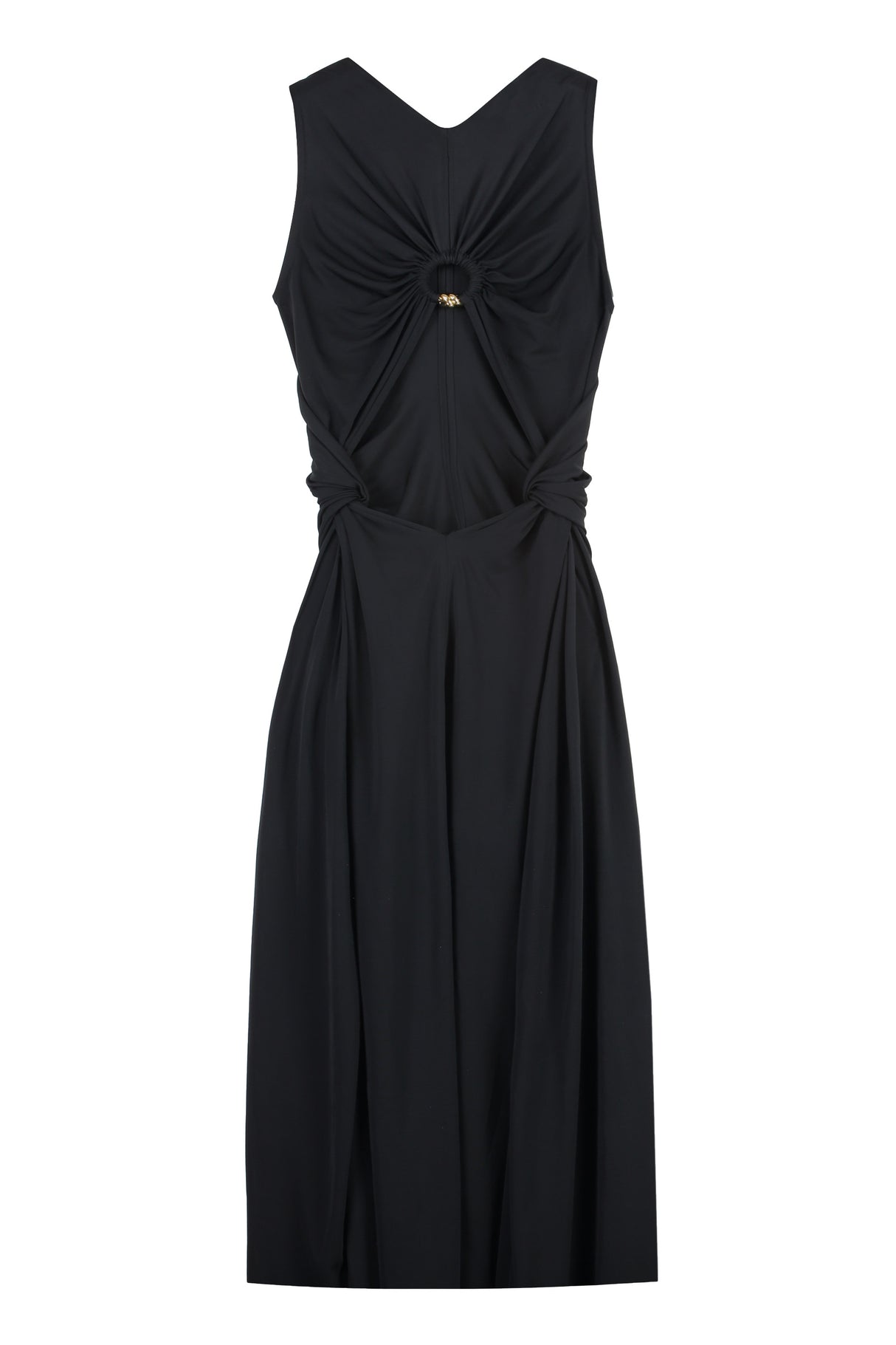 女士黑色T恤连衣裙，带开背和收腰设计，适用于SS24季节