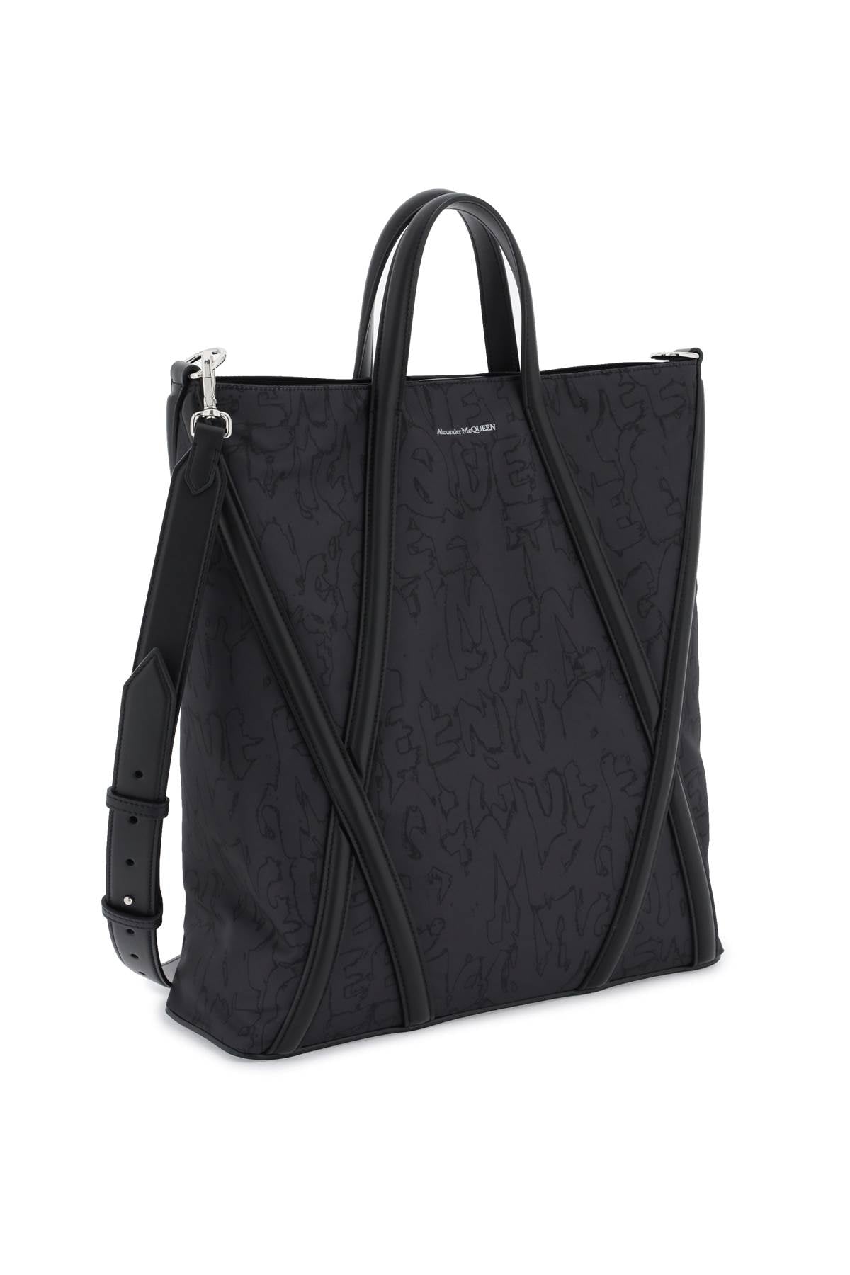 ALEXANDER MCQUEEN Men's Black Nylon Tote Bag with All-Over Graffiti Print and Harness Detail