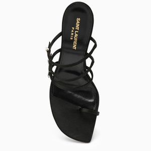 SAINT LAURENT Black Silk and Leather Sandal - Squared Open Toe, Stiletto Heel, Rhinestone Logo Letters
