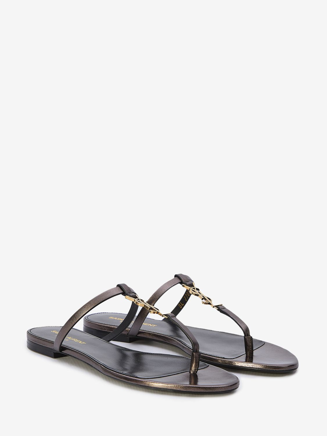 SAINT LAURENT Brown T-Strap Slide Sandals with Metal Cassandre Detail