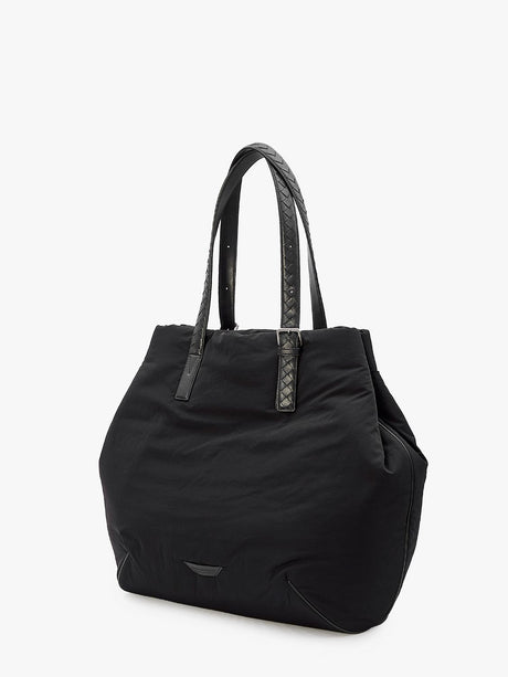 BOTTEGA VENETA Black Padded Nylon Shopping Handbag in Intrecciato Motif with Leather Trims for Men