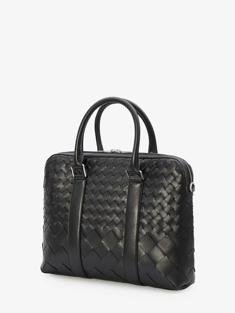 BOTTEGA VENETA Black Calfskin Intrecciato Slim Business Handbag with Detachable Strap, 28x35.5x7.5 cm - Men's