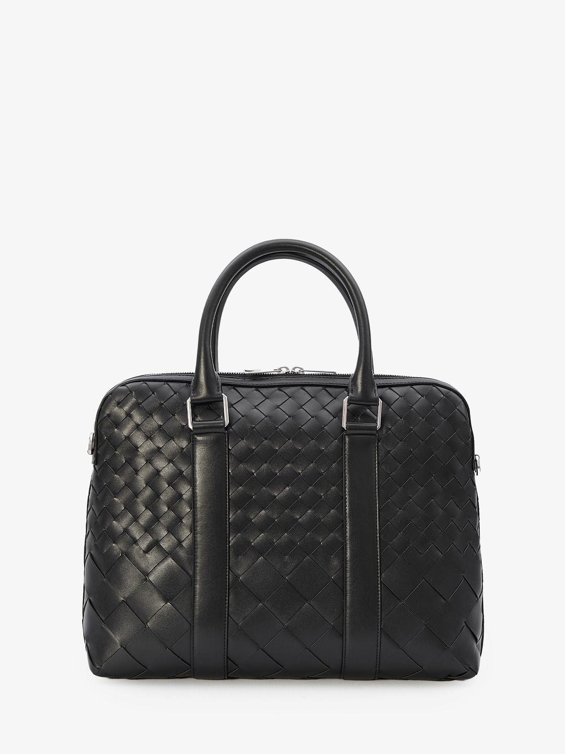 BOTTEGA VENETA Black Calfskin Intrecciato Slim Business Handbag with Detachable Strap, 28x35.5x7.5 cm - Men's