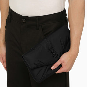 SAINT LAURENT Large Black Nylon Clutch Handbag with Magnetic Button Fastening