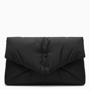 SAINT LAURENT Large Black Nylon Clutch Handbag with Magnetic Button Fastening