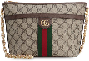 GUCCI Mini Supreme Fabric Shoulder Bag with Chain Strap and Leather Accents, Tan - 20x17x11 cm