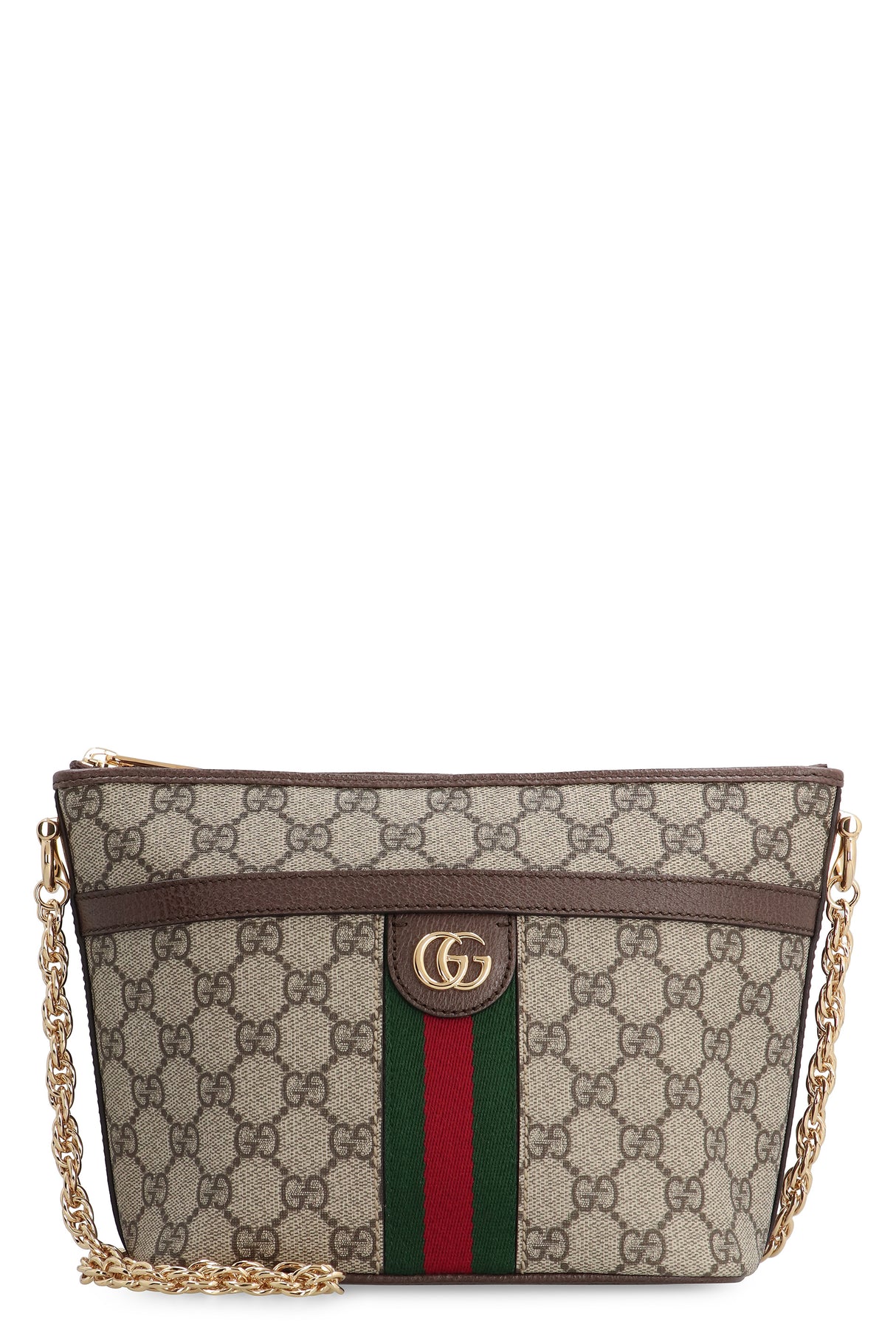 GUCCI Mini Classic Chain-Strap Shoulder Bag in Tan with Green-Red Stripe and Gold-Tone Accents