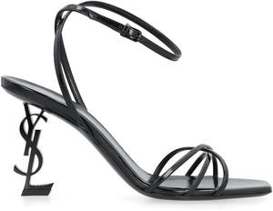SAINT LAURENT Black Leather Sandals with Metallic Sculpture Heels and Adjustable Ankle Strap