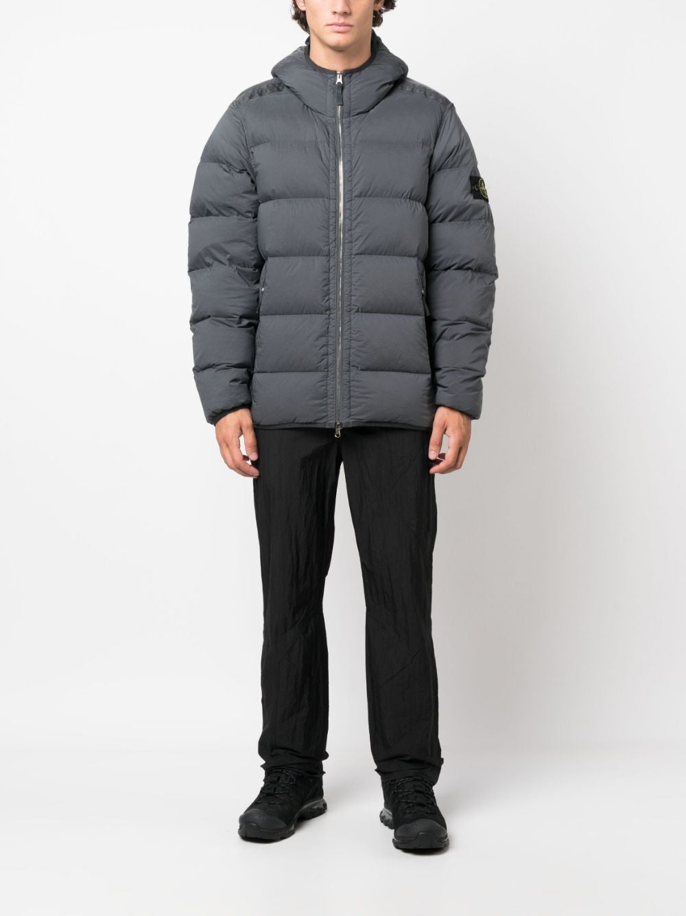 STONE ISLAND Men's Gray Hooded Down Jacket with Removable Logo Patch