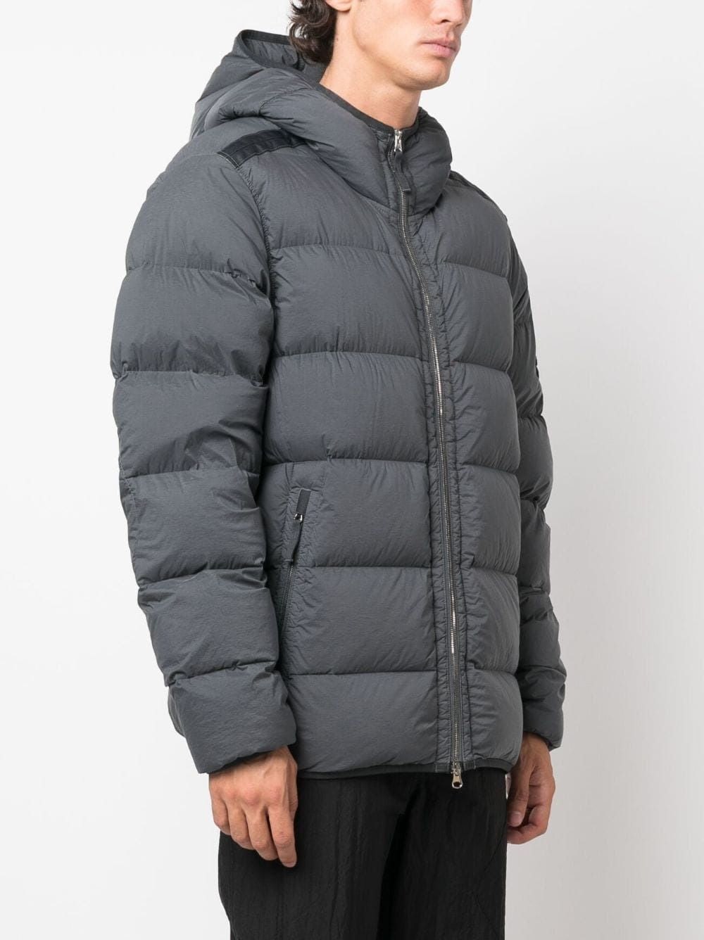 STONE ISLAND Men's Gray Hooded Down Jacket with Removable Logo Patch