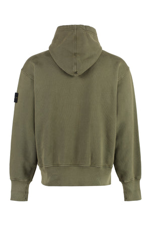 STONE ISLAND Men's Green Cotton Hoodie with Removable Logo Patch and Ribbed Cuffs