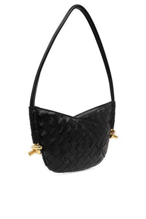 BOTTEGA VENETA Mini Solstice Black Lambskin Shoulder Bag with Intrecciato Weave and Gold-Tone Knot Detail, 18x28x5 cm