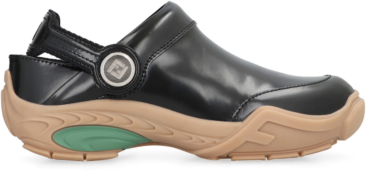 Black Leather Clogs for Men with Fendi Logo Detail and Wavy Rubber Sole