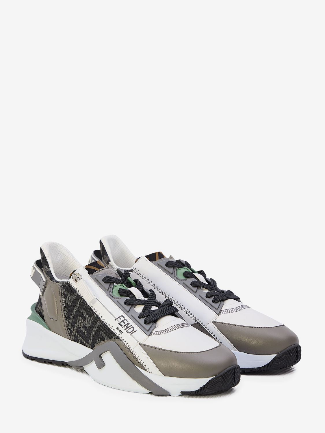 FENDI White and Grey Leather Sneakers with Black FF Inserts for Men