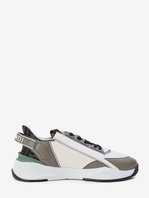 FENDI White and Grey Leather Sneakers with Black FF Inserts for Men
