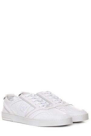 FENDI Men's FF Motif Low-Top Sneakers in White Leather with Raffia Detailing