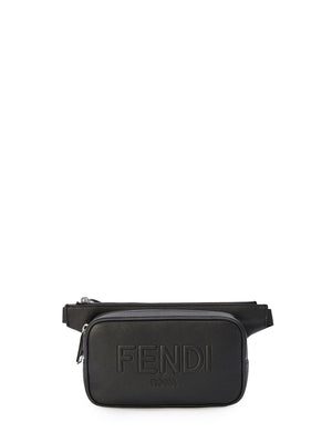 Black Grained Leather Belt Handbag with Fendi Rome Logo for Men