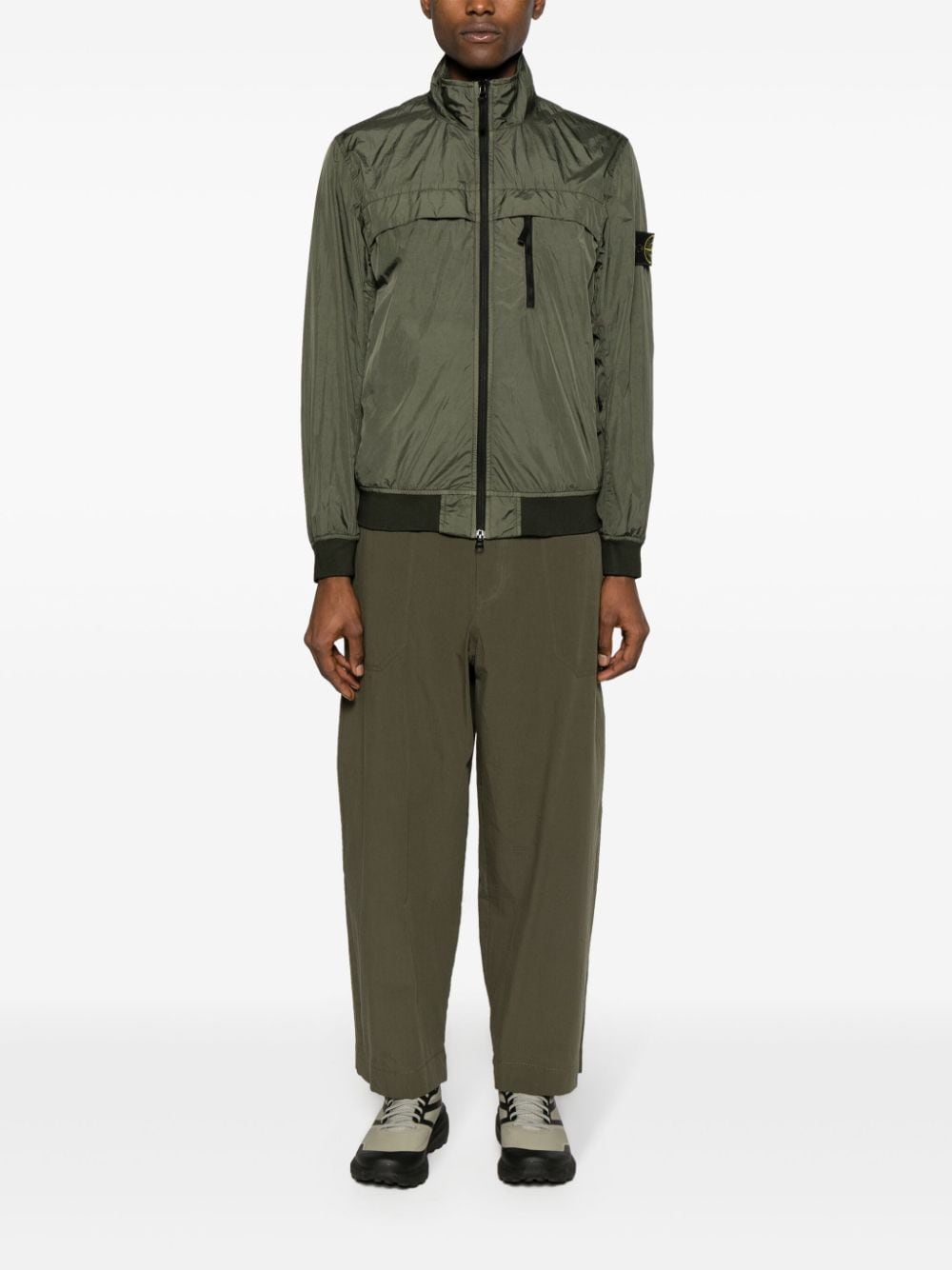 STONE ISLAND Men's Green Nylon Sweatshirt with Detachable Badge and Zipper Details