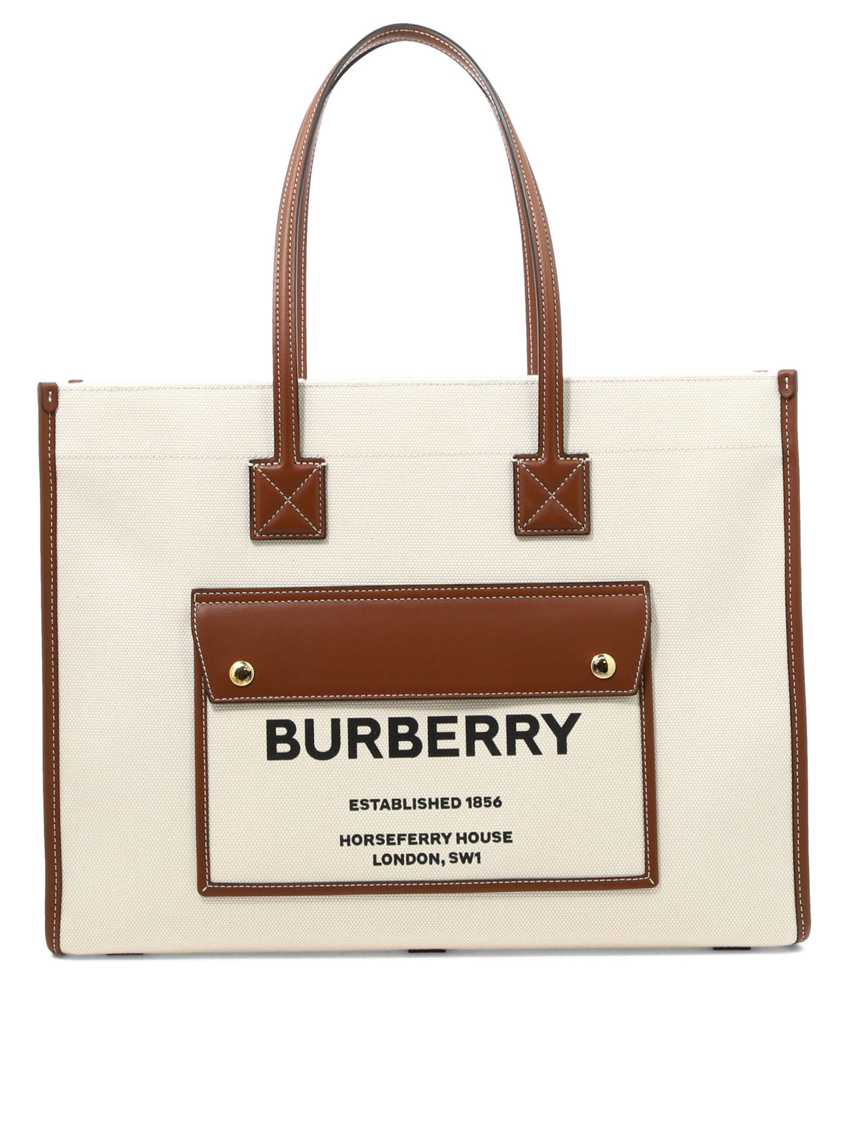 BURBERRY Tan Leather "Medium Freya" Tote with Horsefairy Print and Polished Metal Details
