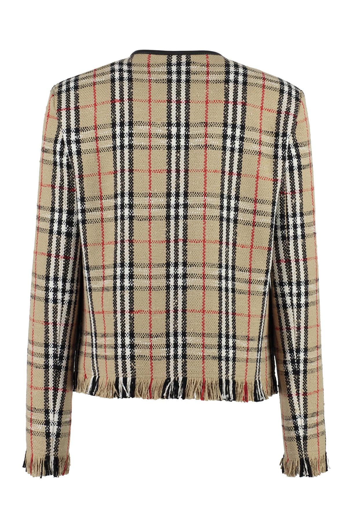 BURBERRY Beige Checkered Jacket with Leather Trim and Fringed Hemline