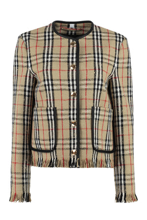 BURBERRY Beige Checkered Jacket with Leather Trim and Fringed Hemline