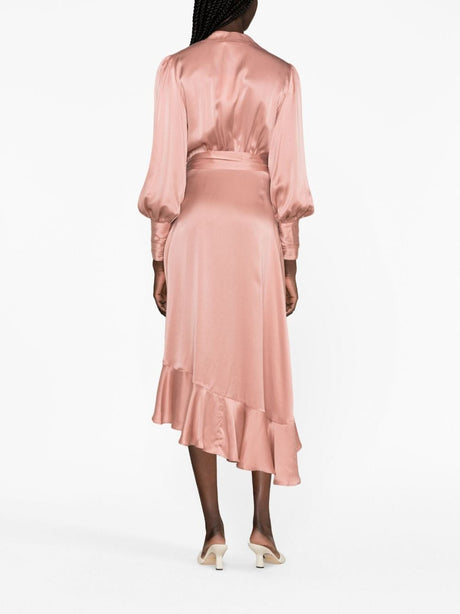 粉色丝绸散摆中长裙带领巾和褶边