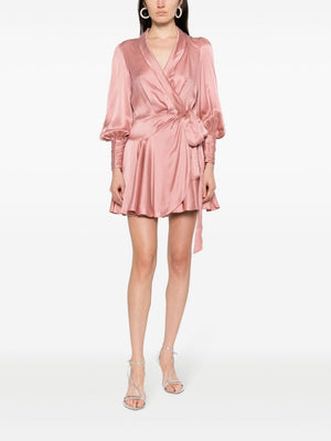 ZIMMERMANN Powder Pink Silk Wrap Dress with Long Sleeves and Scarf Lapels