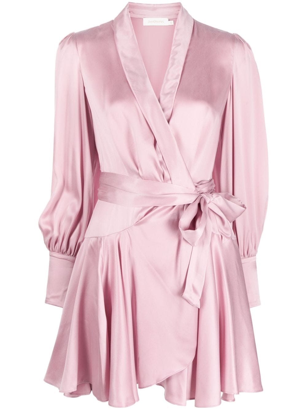 玫瑰粉色真丝包裹迷你连衣裙，带小猫咪蝴蝶结和V领，适合女性