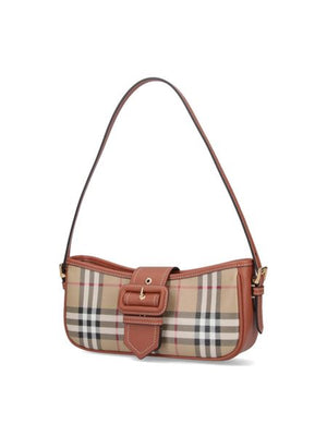 BURBERRY Beige Checked Sling Handbag for Women | Adjustable Top Handle, Buckle Strap Detail, Zip Closure