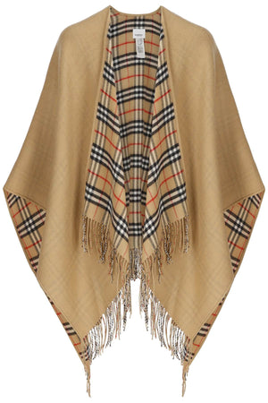 Woolen Short Cape with Burberry Check Pattern and Fringes