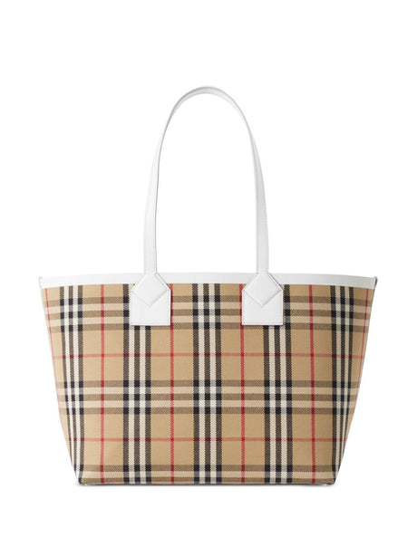 BURBERRY Vintage Check Beige Mini Tote with Leather Trims and Removable Pouch