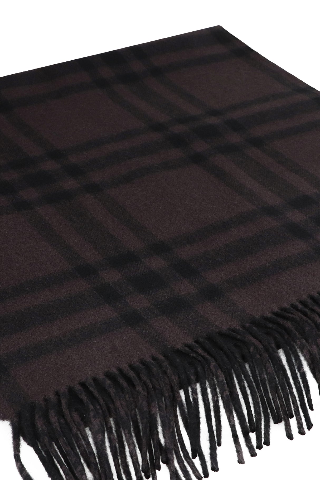 BURBERRY Grey Checkered Cashmere Scarf with Fringed Hemline - Size 210x50 cm