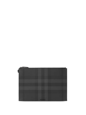 BURBERRY Charcoal Grey Checkered Zipped Pouch Handbag for Men