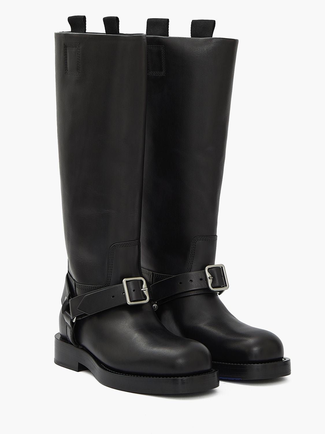 BURBERRY Saddle High Boots in Black Leather with Silver-Tone Buckle Detailing