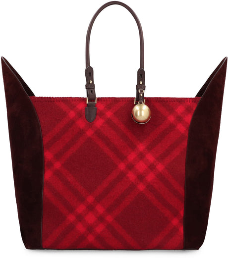 BURBERRY Large Red Tote with Suede Inserts and Check Design, Charm Detail, and Gold-Tone Accents - 49x49x25 cm