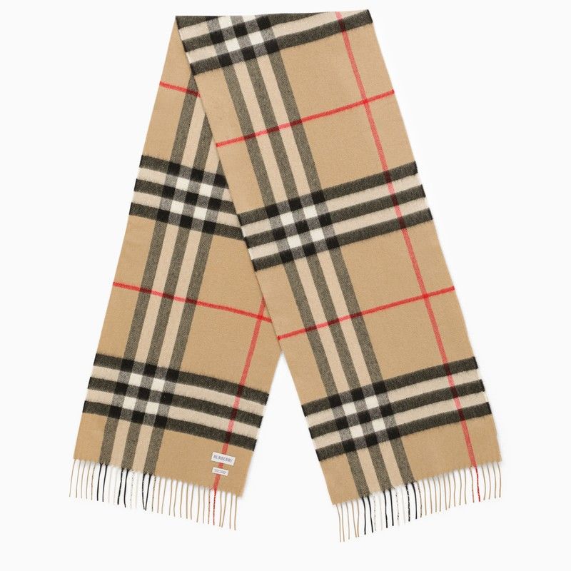 BURBERRY Beige Cashmere Scarf with Check Motif