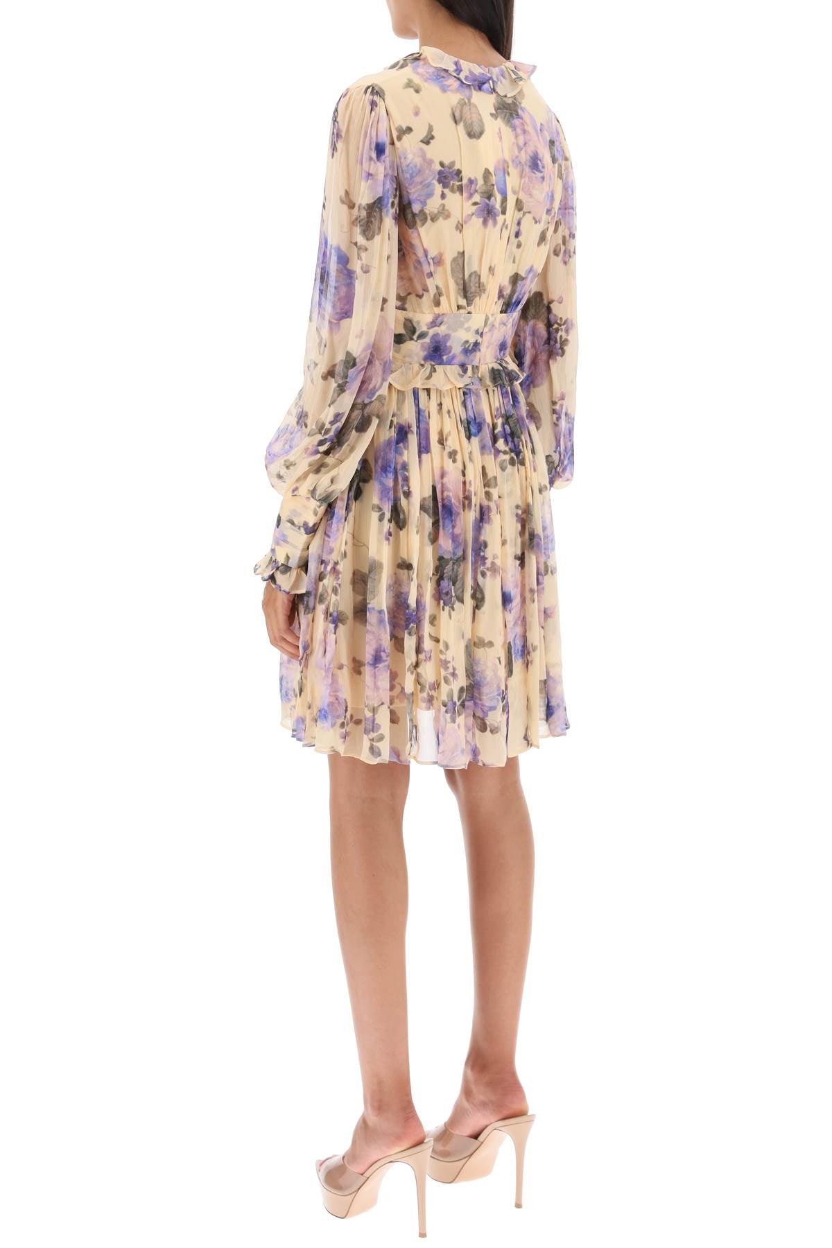 ZIMMERMANN Lyrical Chiffon Mini Dress for Women - Floral Print Long Sleeve Dress with V-Neckline and Circle Skirt