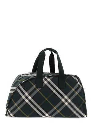 BURBERRY Large Shield-Shaped Green Check Pattern Nylon Duffel Bag with Leather Base for Men