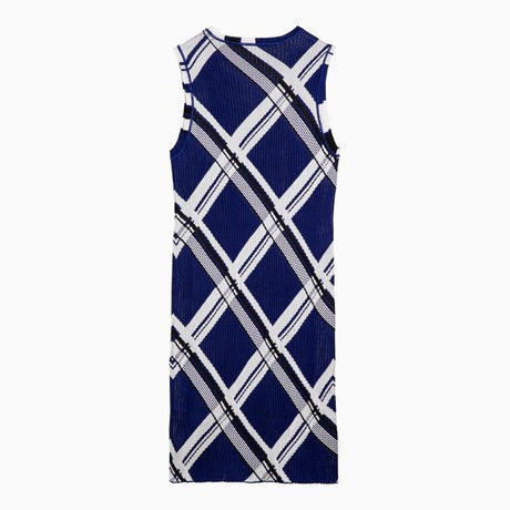 BURBERRY Navy Blue Silk Check Dress - Women's Sleeveless Crewneck Dress with Ribbed Design and Slim Fit
