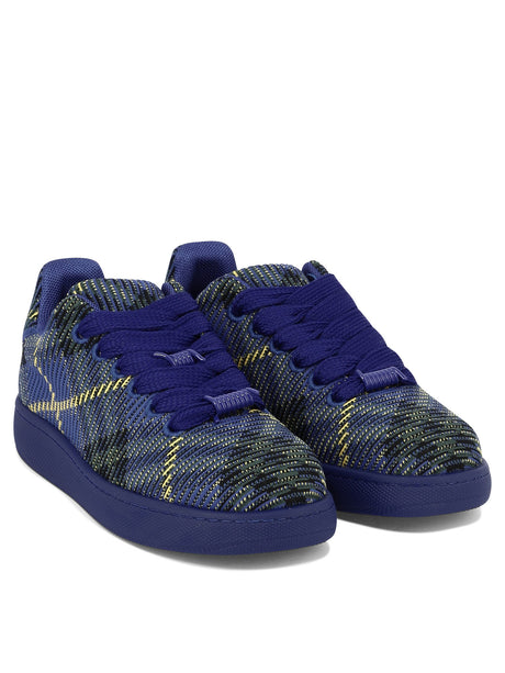BURBERRY Navy Blue Check Knit Sneakers for Men