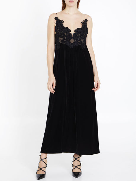 ZIMMERMANN Sensory Velvet Slip Dress in Black with Embroidered Bodice