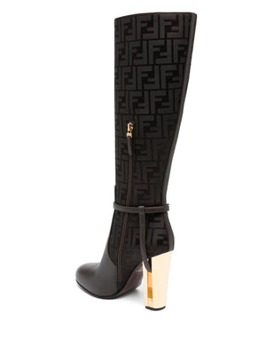 FENDI Brown Faux Leather Monogram Knee-High Boots for Women