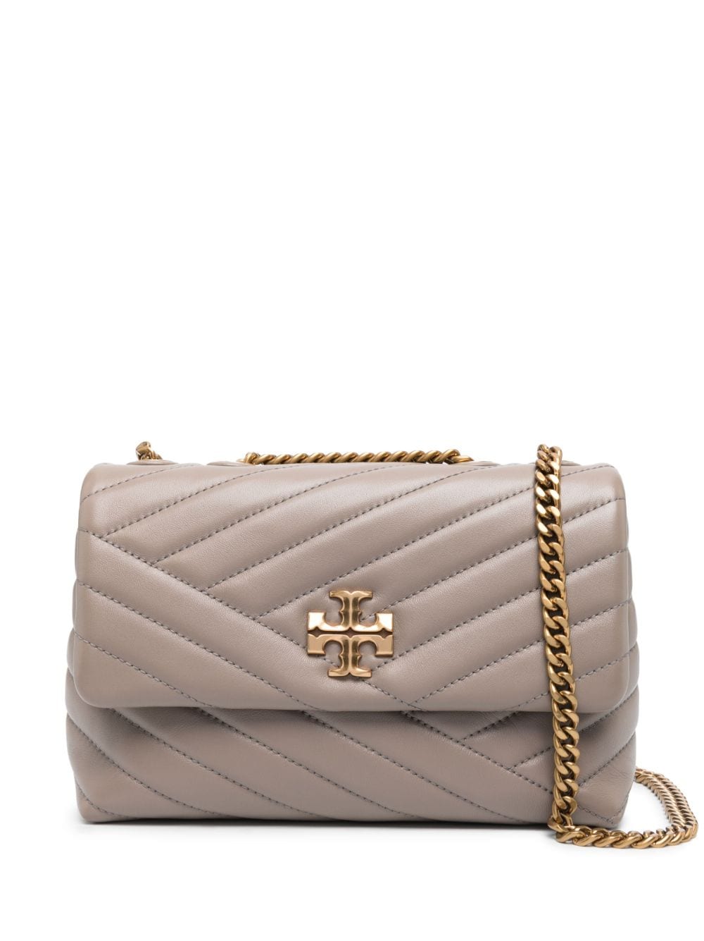 TORY BURCH Chevron Quilted Grey Nappa Leather Mini Shoulder Bag with Chain-Link Strap and Double T Motif