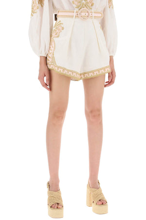 ZIMMERMANN Embroidered Linen Shorts with Belt and Flared Silhouette