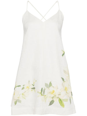 ZIMMERMANN White Floral Print Linen Mini Dress - Sweetheart Neck & Adjustable Straps