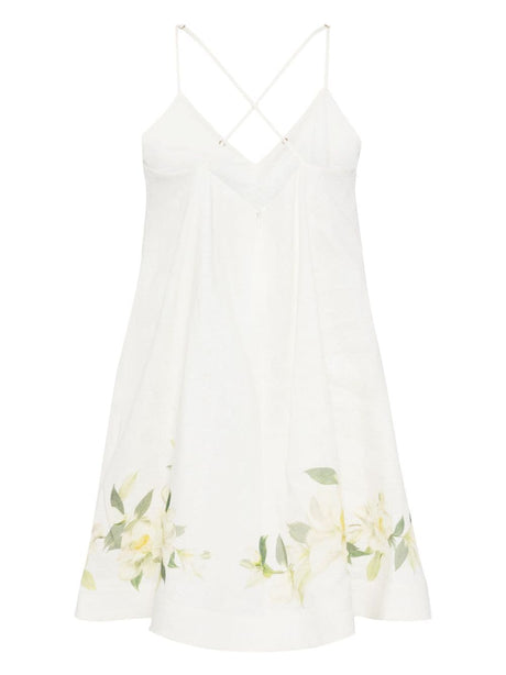 ZIMMERMANN White Floral Print Linen Mini Dress - Sweetheart Neck & Adjustable Straps